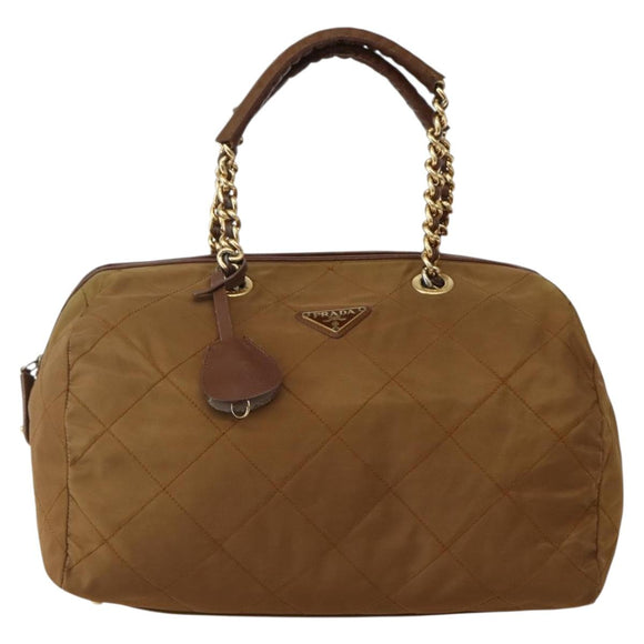 PRADA Chain Hand Bag Nylon Brown Gold Auth 142074