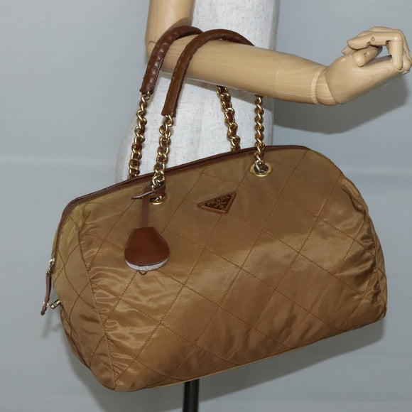 PRADA Chain Hand Bag Nylon Brown Gold Auth 142074