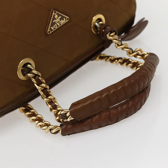 PRADA Chain Hand Bag Nylon Brown Gold Auth 142074