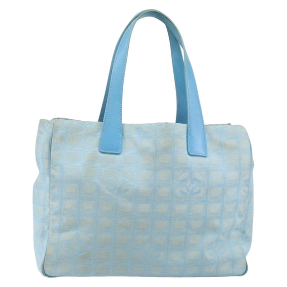 CHANEL New Travel Line Tote Bag Nylon Light Blue Silver CC Auth 142077