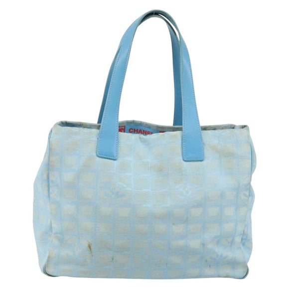 CHANEL New Travel Line Tote Bag Nylon Light Blue Silver CC Auth 142077
