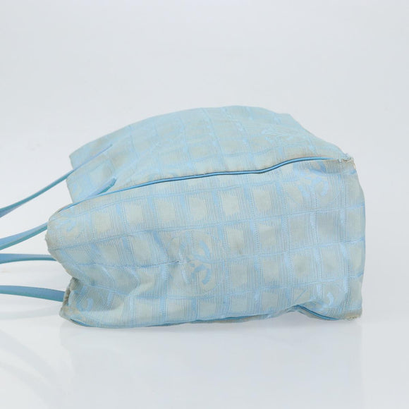 CHANEL New Travel Line Tote Bag Nylon Light Blue Silver CC Auth 142077