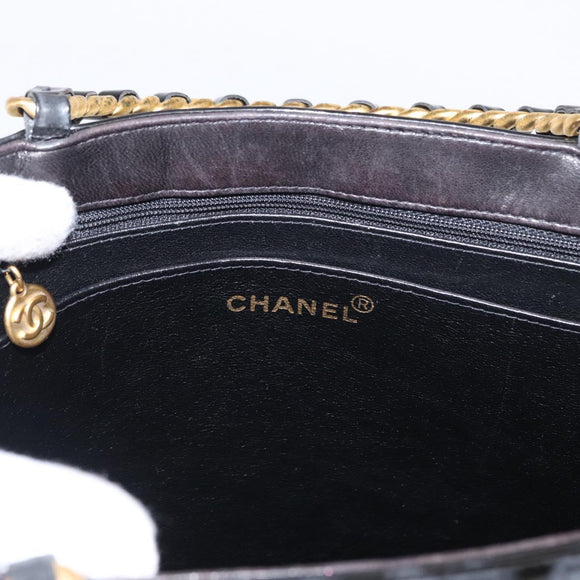 CHANEL Matelasse Chain Hand Bag Patent leather Black Gold CC Auth 142095