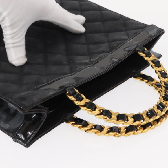 CHANEL Matelasse Chain Hand Bag Patent leather Black Gold CC Auth 142095