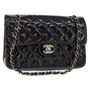 CHANEL Chain Double Flap Matelasse 23 Bag Patent Black Silver CC Auth 142096-1
