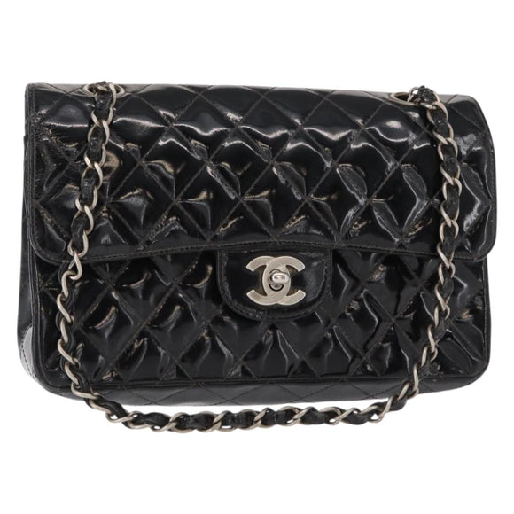 CHANEL Chain Double Flap Matelasse 23 Bag Patent Black Silver CC Auth 142096