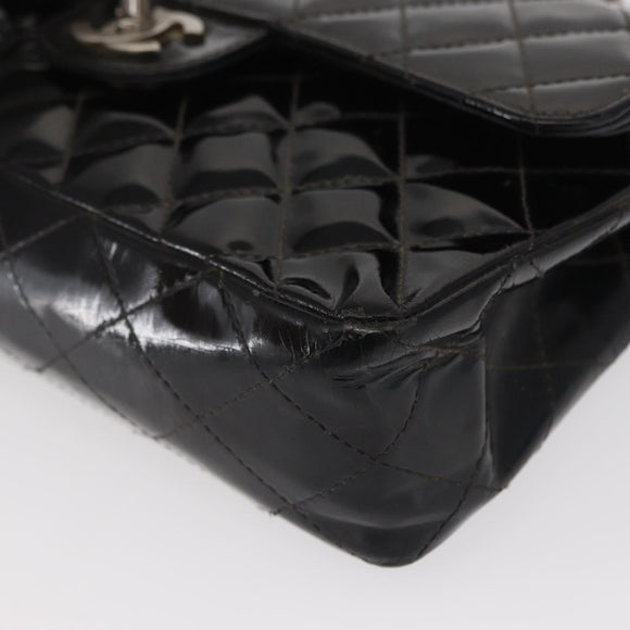 CHANEL Chain Double Flap Matelasse 23 Bag Patent Black Silver CC Auth 142096