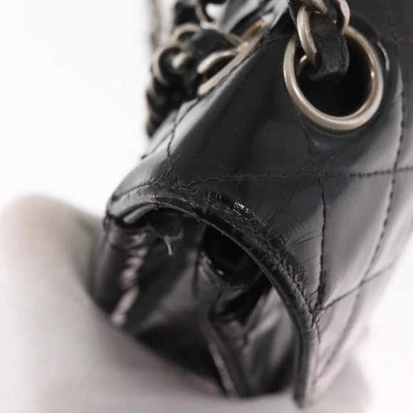 CHANEL Chain Double Flap Matelasse 23 Bag Patent Black Silver CC Auth 142096