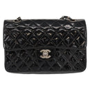 CHANEL Chain Double Flap Matelasse 23 Bag Patent Black Silver CC Auth 142096-13