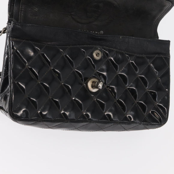 CHANEL Chain Double Flap Matelasse 23 Bag Patent Black Silver CC Auth 142096