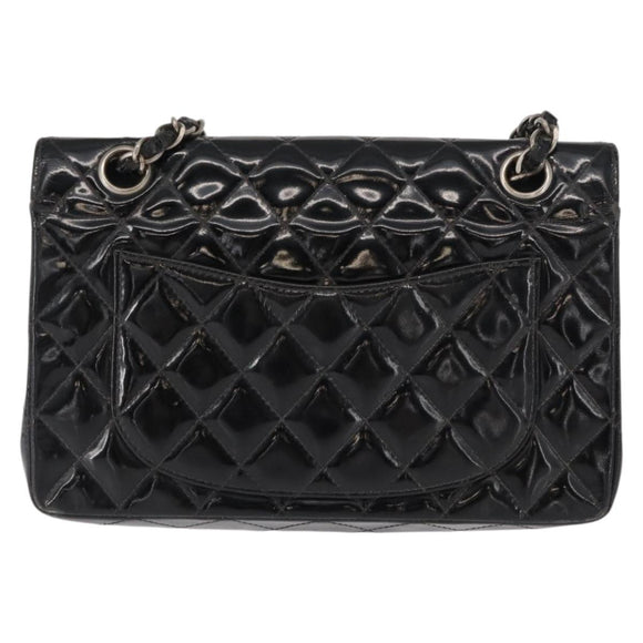 CHANEL Chain Double Flap Matelasse 23 Bag Patent Black Silver CC Auth 142096