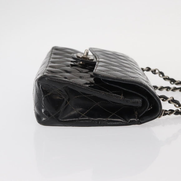 CHANEL Chain Double Flap Matelasse 23 Bag Patent Black Silver CC Auth 142096