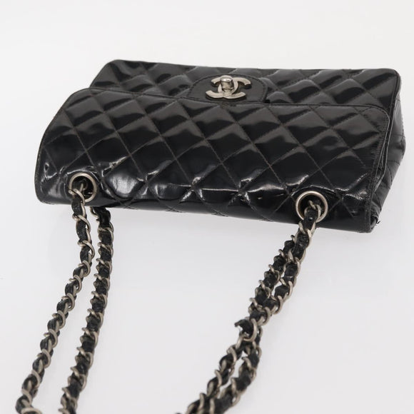 CHANEL Chain Double Flap Matelasse 23 Bag Patent Black Silver CC Auth 142096