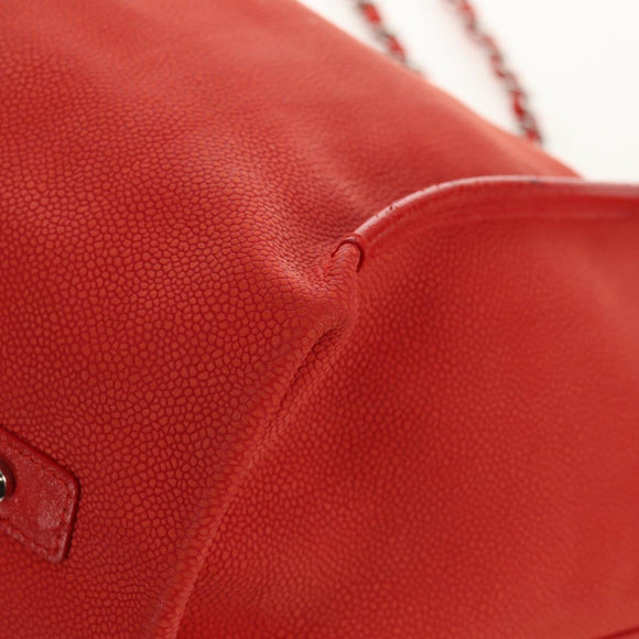 CHANEL Chain Camelia Tote Bag Caviar Skin Red Silver CC Auth 142099V
