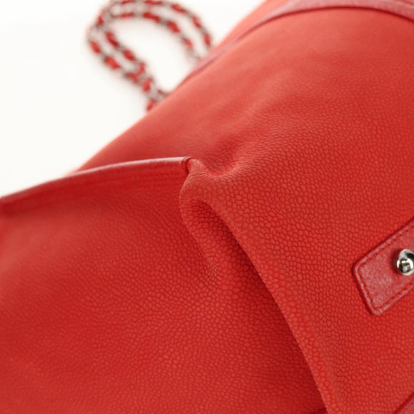 CHANEL Chain Camelia Tote Bag Caviar Skin Red Silver CC Auth 142099V