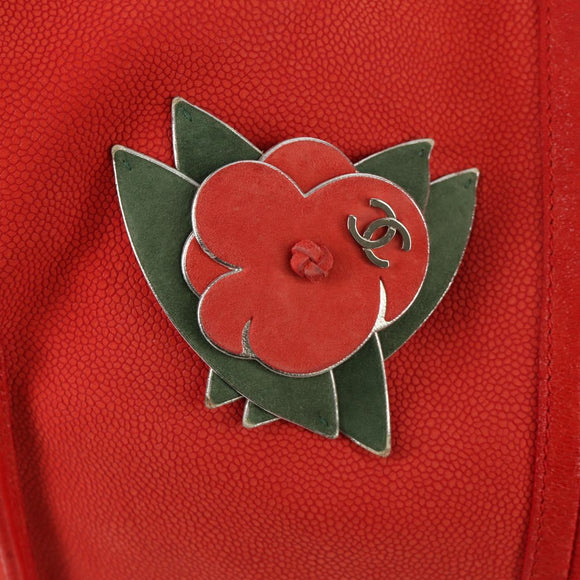 CHANEL Chain Camelia Tote Bag Caviar Skin Red Silver CC Auth 142099V