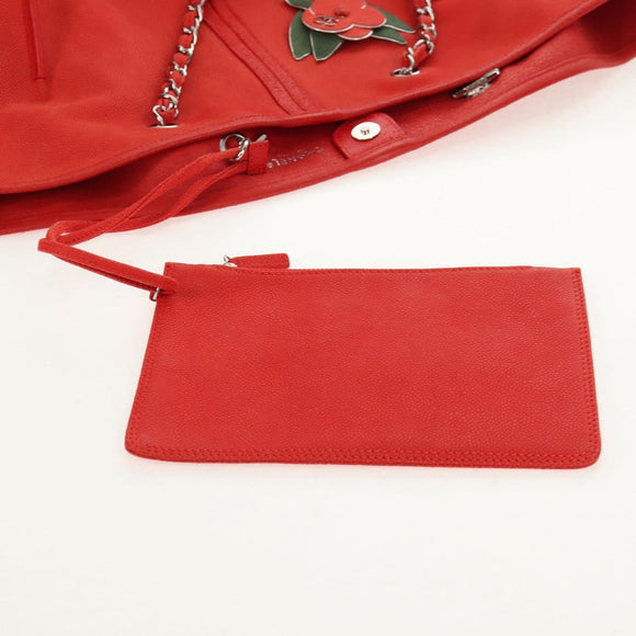 CHANEL Chain Camelia Tote Bag Caviar Skin Red Silver CC Auth 142099V
