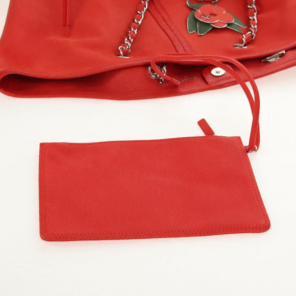 CHANEL Chain Camelia Tote Bag Caviar Skin Red Silver CC Auth 142099V