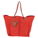 CHANEL Chain Camelia Tote Bag Caviar Skin Red Silver CC Auth 142099V-2