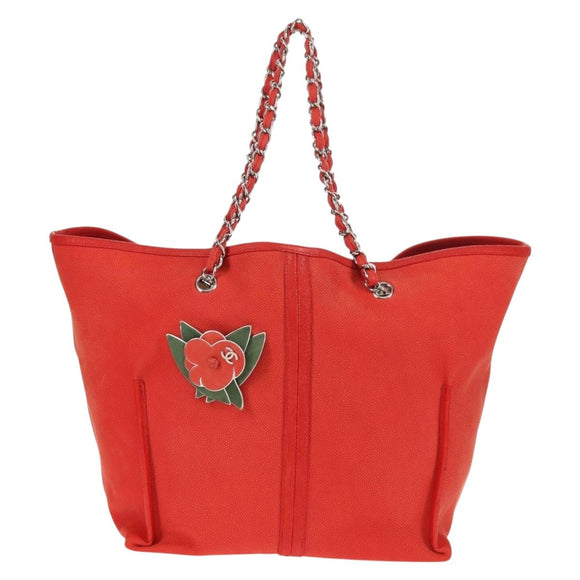 CHANEL Chain Camelia Tote Bag Caviar Skin Red Silver CC Auth 142099V