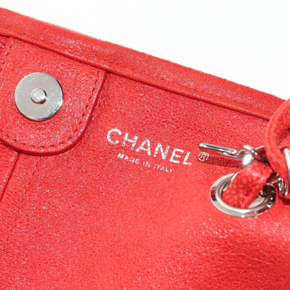 CHANEL Chain Camelia Tote Bag Caviar Skin Red Silver CC Auth 142099V
