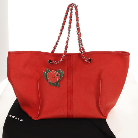 CHANEL Chain Camelia Tote Bag Caviar Skin Red Silver CC Auth 142099V
