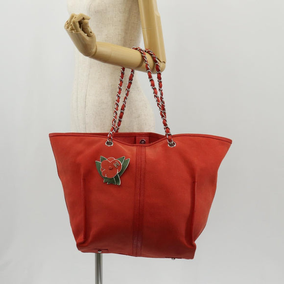 CHANEL Chain Camelia Tote Bag Caviar Skin Red Silver CC Auth 142099V