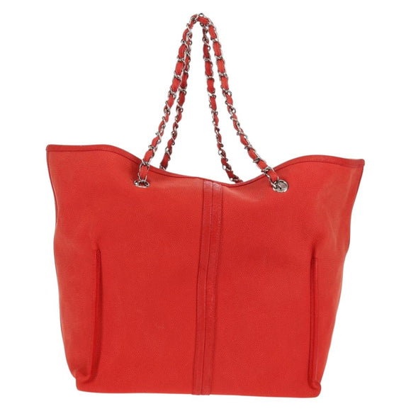 CHANEL Chain Camelia Tote Bag Caviar Skin Red Silver CC Auth 142099V