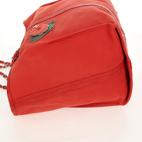 CHANEL Chain Camelia Tote Bag Caviar Skin Red Silver CC Auth 142099V