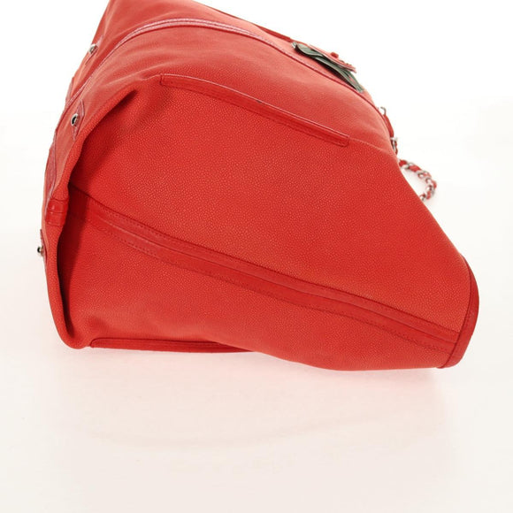 CHANEL Chain Camelia Tote Bag Caviar Skin Red Silver CC Auth 142099V