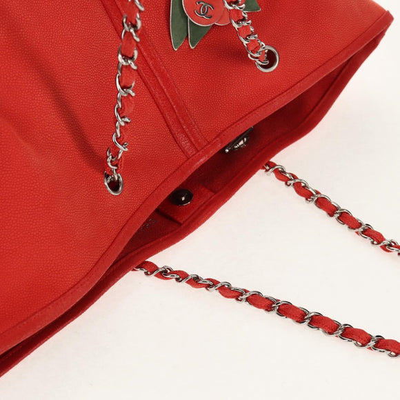 CHANEL Chain Camelia Tote Bag Caviar Skin Red Silver CC Auth 142099V