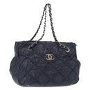 CHANEL Ultra Stitch Chain Tote Bag Calf Skin Navy Silver CC Auth 142101-1