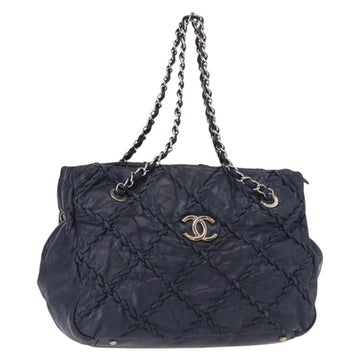 CHANEL Ultra Stitch Chain Tote Bag Calf Skin Navy Silver CC Auth 142101
