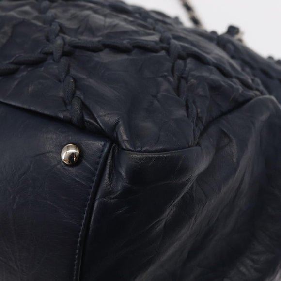 CHANEL Ultra Stitch Chain Tote Bag Calf Skin Navy Silver CC Auth 142101