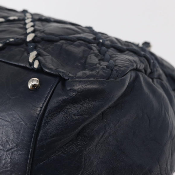 CHANEL Ultra Stitch Chain Tote Bag Calf Skin Navy Silver CC Auth 142101