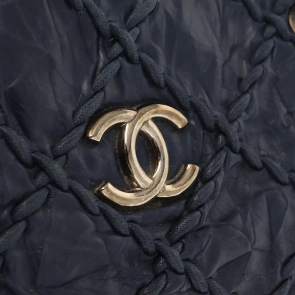 CHANEL Ultra Stitch Chain Tote Bag Kalfsleer Marine Zilver CC Auth 142101