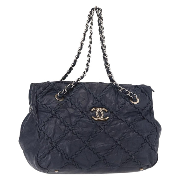 CHANEL Ultra Stitch Chain Tote Bag Kalfsleer Marine Zilver CC Auth 142101