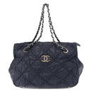 CHANEL Ultra Stitch Chain Tote Bag Calf Skin Navy Silver CC Auth 142101-2