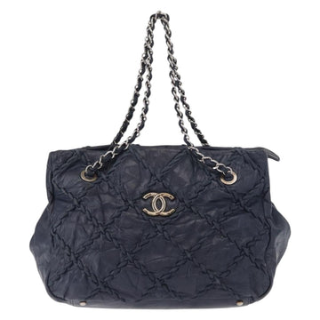 CHANEL Ultra Stitch Chain Tote Bag Calf Skin Navy Silver CC Auth 142101 - 0