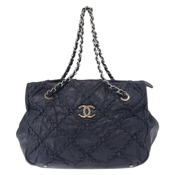 CHANEL Ultra Stitch Chain Tote Bag Calf Skin Navy Silver CC Auth 142101