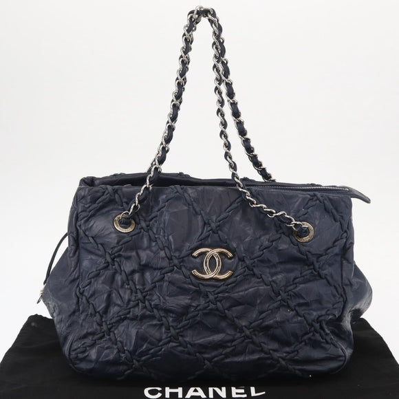 CHANEL Ultra Stitch Chain Tote Bag Calf Skin Navy Silver CC Auth 142101