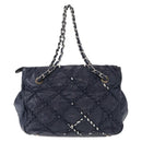 CHANEL Ultra Stitch Chain Tote Bag Calf Skin Navy Silver CC Auth 142101-3