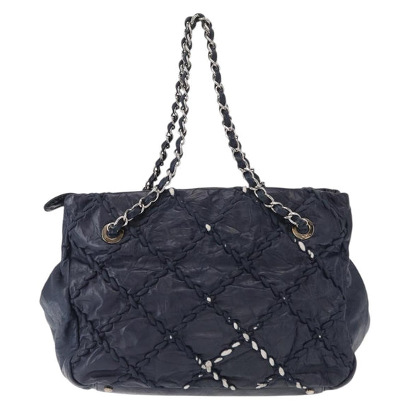 CHANEL Ultra Stitch Chain Tote Bag Calf Skin Navy Silver CC Auth 142101