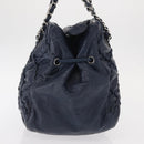 CHANEL Ultra Stitch Chain Tote Bag Calf Skin Navy Silver CC Auth 142101-4