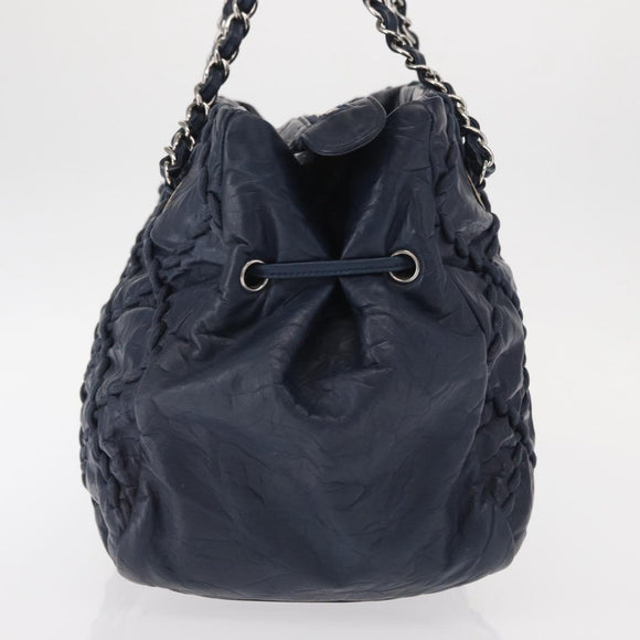 CHANEL Ultra Stitch Chain Tote Bag Kalfsleer Marine Zilver CC Auth 142101