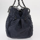 CHANEL Ultra Stitch Chain Tote Bag Calf Skin Navy Silver CC Auth 142101-5