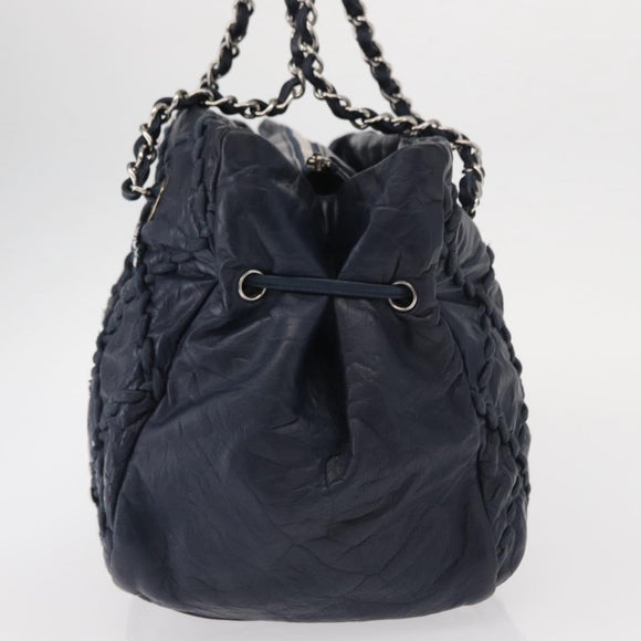 CHANEL Ultra Stitch Chain Tote Bag Kalfsleer Marine Zilver CC Auth 142101