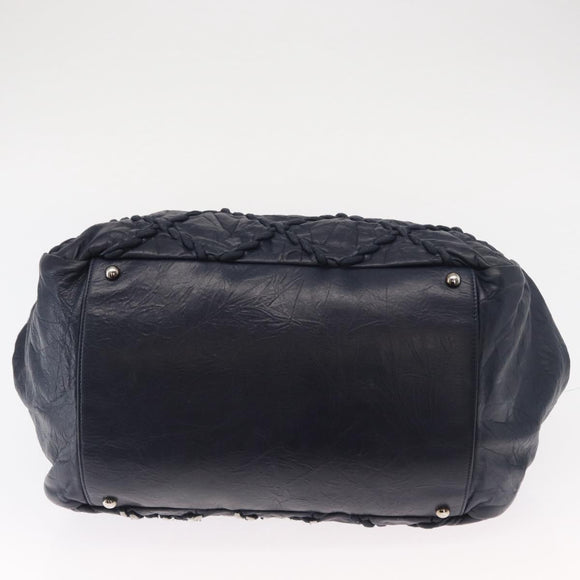 CHANEL Ultra Stitch Chain Tote Bag Calf Skin Navy Silver CC Auth 142101
