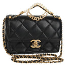 CHANEL Mini Matelasse Chain Shoulder Bag Lamb Skin Black Gold CC Auth 142102SM-1