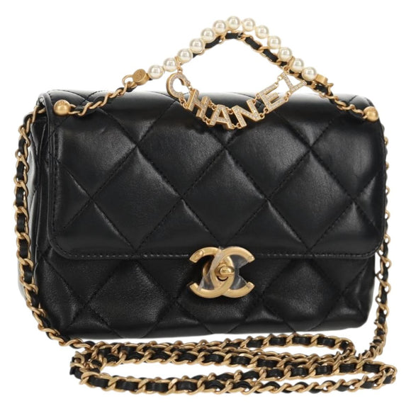 CHANEL Mini Matelasse Chain Shoulder Bag Lamb Skin Black Gold CC Auth 142102SM